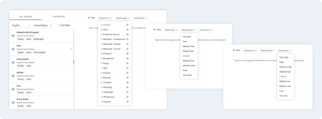 AI voice options, tone, speed and pitch settings in the Vyond interface